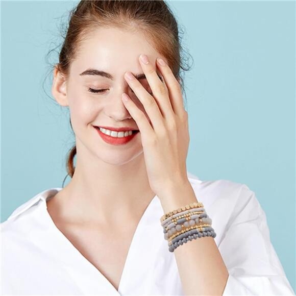 Surfer Heishi Clay Bead Bracelets for Women Bohemian Stackable Gold Grey - Picture 4 of 6